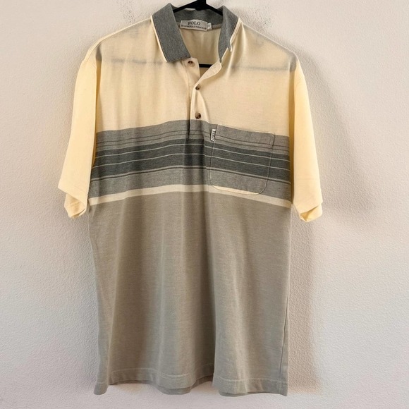 Polo US Open Polo Team Club Grey Cream Striped Pocket Polo Shirt Size 50 - Picture 1 of 13